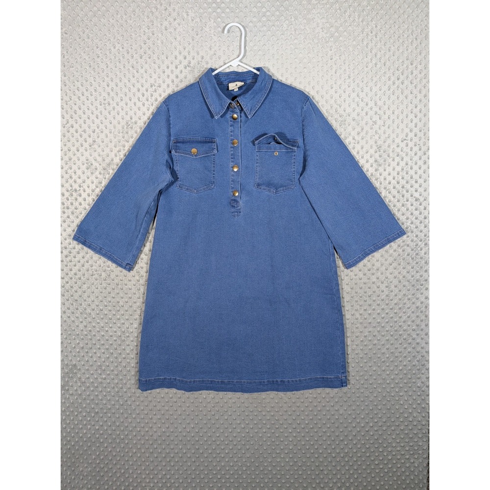 Tuckernuck Indigo Denim Lexi Dress Womens XL Blue Gold Snap Stretch Belted EUC - Picture 4 of 16
